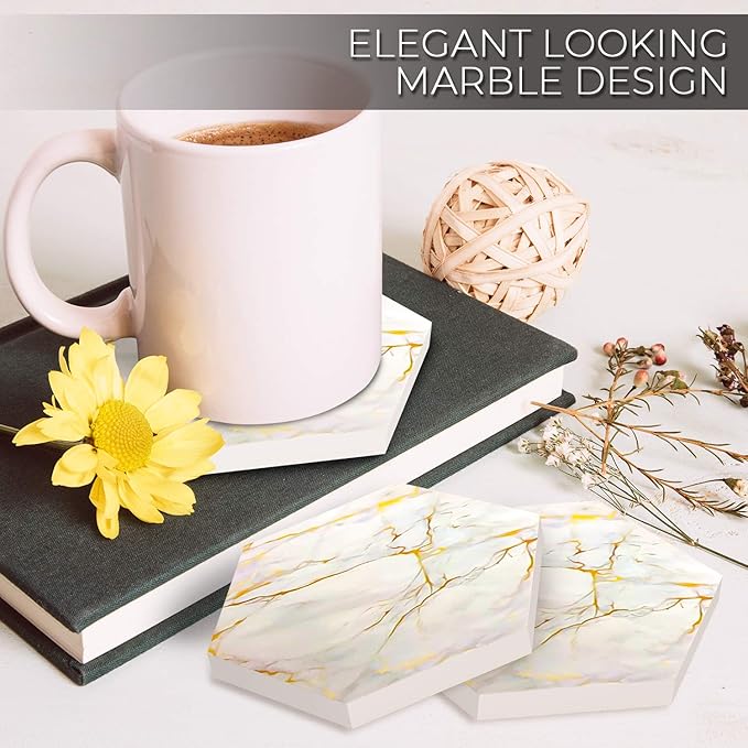 8-Piece Marble Ceramic Coaster Set | Super Absorbent for Hot & Cold Drinks | Cork Bottom Table Coasters