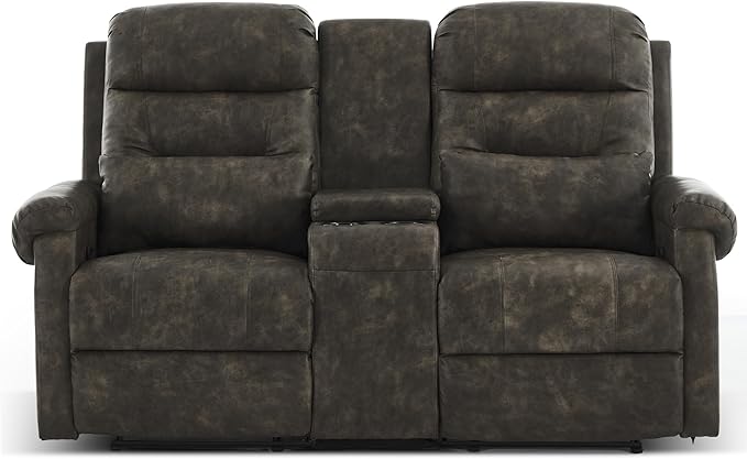 DRMBOOK RV Loveseat Recliner Sofa with Console, Faux Leather Double Wall Hugger Reclining Couch Manual Home Movie Seating 2 Person Recliner Chair with Cup Holders/Storage/Pocket/Pillow, Black&Grey
