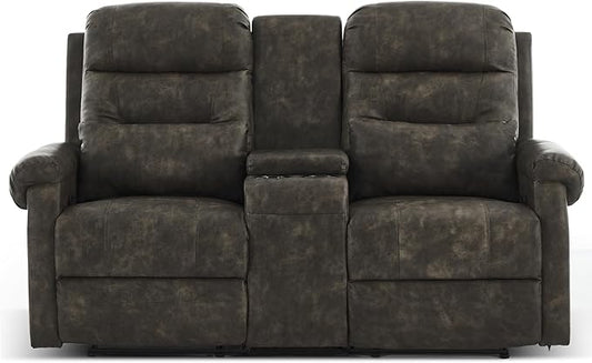 DRMBOOK RV Loveseat Recliner Sofa with Console, Faux Leather Double Wall Hugger Reclining Couch Manual Home Movie Seating 2 Person Recliner Chair with Cup Holders/Storage/Pocket/Pillow, Black&Grey