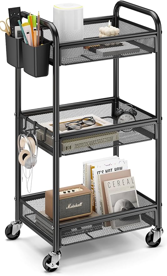 YASONIC 3 Tier Rolling Cart – Metal Utility Storage Carts with Wheels, Craft Cart Organizer with Hanging Cups, Hooks, Mesh Basket for Bedside Kitchen Office Art, Black
