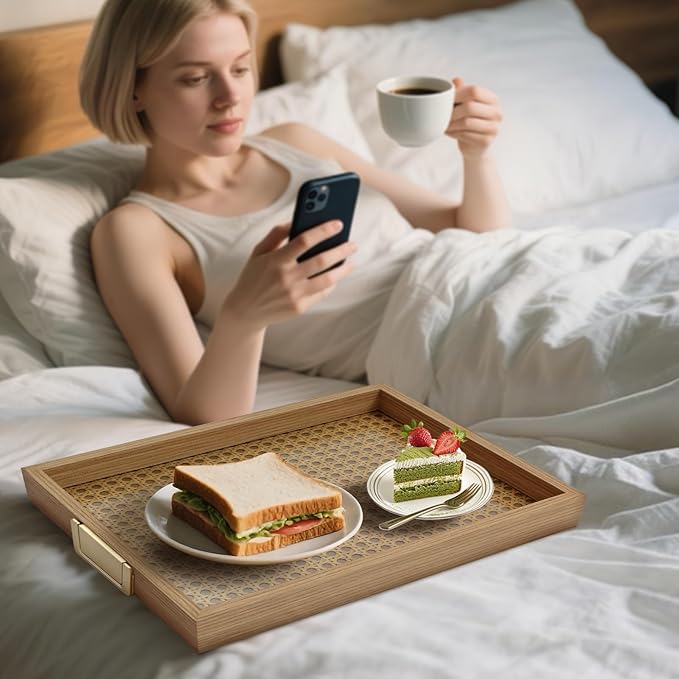 Rattan Woven mesh Surface Wood Serving Tray with Metal Handles, 14.5inx10.4in Food Drinks Tray for Coffee Table, Breakfast, Dinner & Bar,Kitchen,Party (Rattan Weaving/Small)