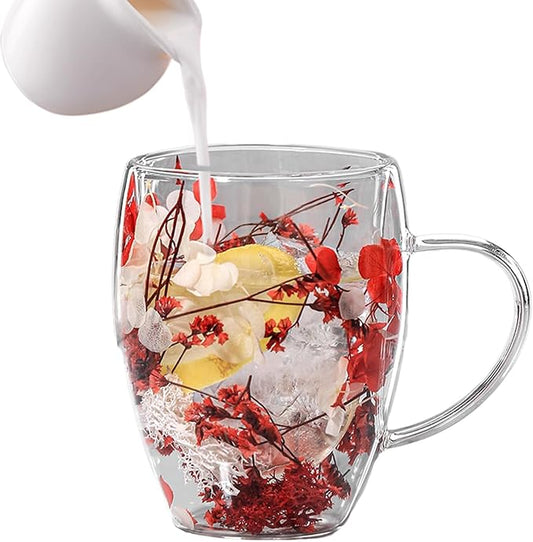 Flower Glass Double Wall Glass - 350ml Aesthetic Dried Flowers Double Wall Glass Coffee Mugs | Clear Glass Cups With Handle,Anti-Scalding Coffee Cups For Hot Beverages,Tea Or Coffee