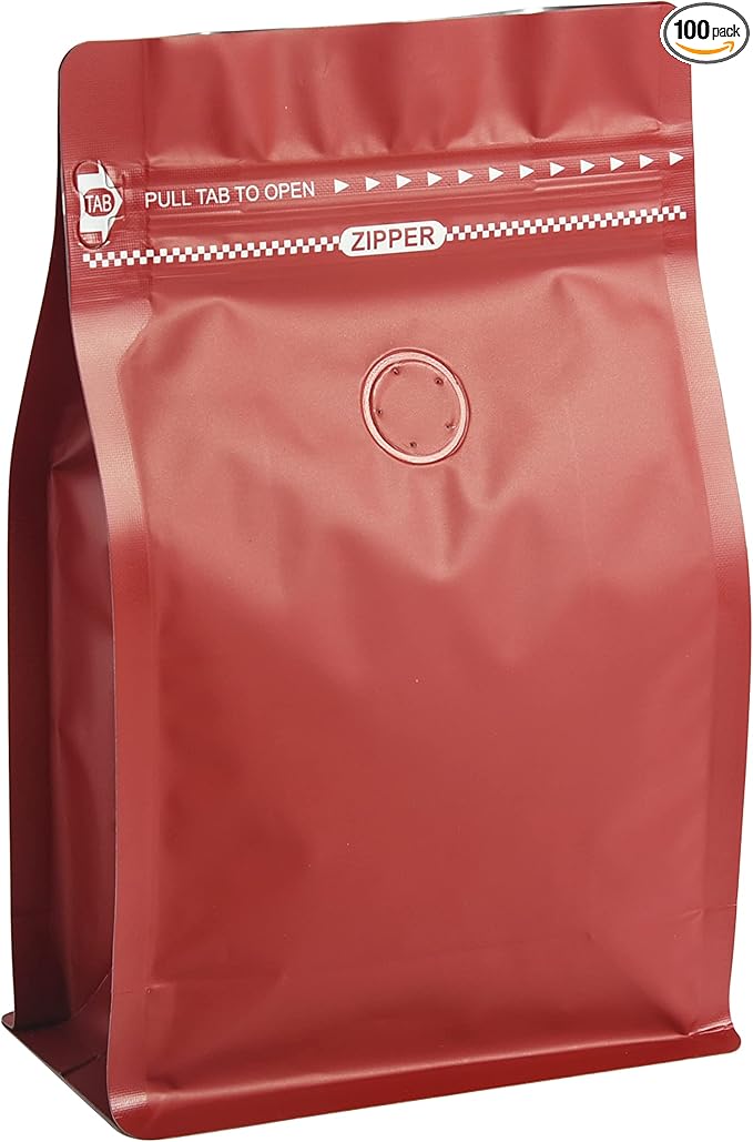 100 Count 8oz Red Coffee Bags with Aluminum Foil Liner, High Barrier Coffee Pouches with Degassing Valve, Ziplock Food Storage Bags with Pull Tape, Pack of 100, 6oz/0.5lb/250gram