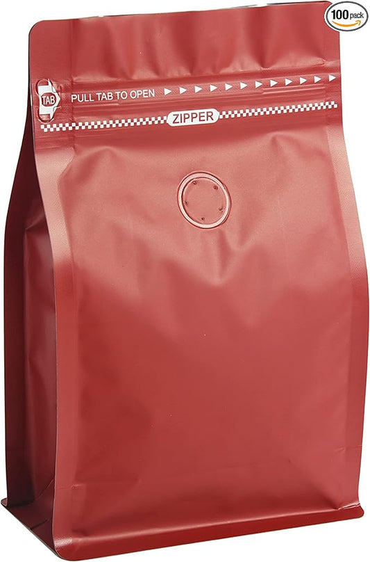 100 Count 8oz Red Coffee Bags with Aluminum Foil Liner, High Barrier Coffee Pouches with Degassing Valve, Ziplock Food Storage Bags with Pull Tape, Pack of 100, 6oz/0.5lb/250gram