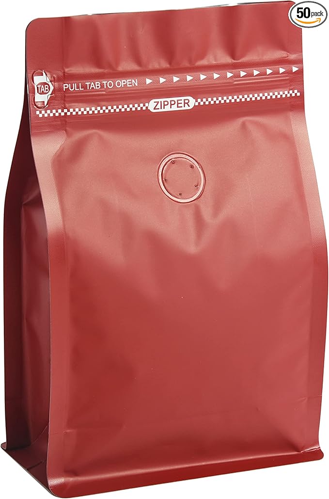 50 Count 8oz Red Coffee Bags with Aluminum Foil Liner, High Barrier Coffee Pouches with Degassing Valve, Ziplock Food Storage Bags with Pull Tape, Pack of 50, 6oz/0.5lb/250gram
