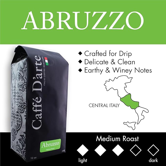 Caffe D'arte Abruzzo Ground Coffee, Medium Roast, Earthy & Winey Notes, Crafted for Drip – Fresh Roasted in Seattle - 12 Ounce (1 Pack)