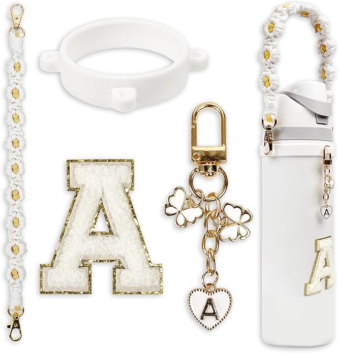 Compatible with Owala Water Bottle Accessories, Cute Letter Charm Set with Boho Handle Strap, Monogram Sticker, Silicone Ring, Keychain Decoration, for FreeSip 24 32 40oz, Owala Kids, Tumbler Gift