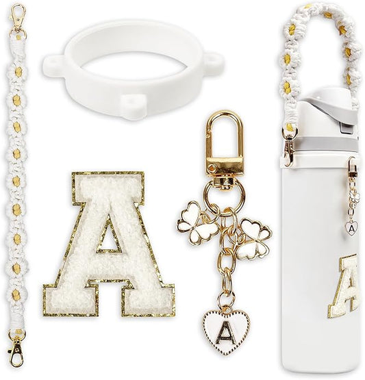 Compatible with Owala Water Bottle Accessories, Cute Letter Charm Set with Boho Handle Strap, Monogram Sticker, Silicone Ring, Keychain Decoration, for FreeSip 24 32 40oz, Owala Kids, Tumbler Gift