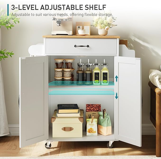 Kitchen Island Cart, Small Kitchen Island with Storage Cabinet and Drawer, Rolling Kitchen Cart on Wheels with Spice Rack and Towel Rack, for Kitchen, Dining Room, White and Natural
