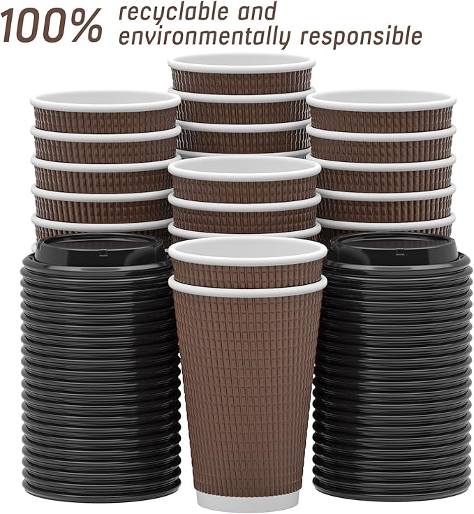 Qunclay Disposable Coffee Cups with Lids,16 oz (80 Pack) Togo Hot Paper Coffee Cup with Leak-Proof Lid To Go for Hot/Cold Beverages Insulated Reusable Drinks Corrugated Ripple Cups (Brown)