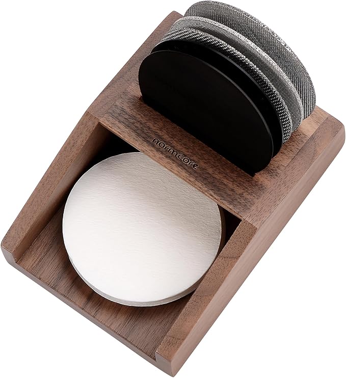 Normcore Espresso Filter Holder and Organizer, Holds 5 Puck Screens, Compact Countertop Storage for Paper Filters and Diffuser Screens, Genuine American Walnut Wood