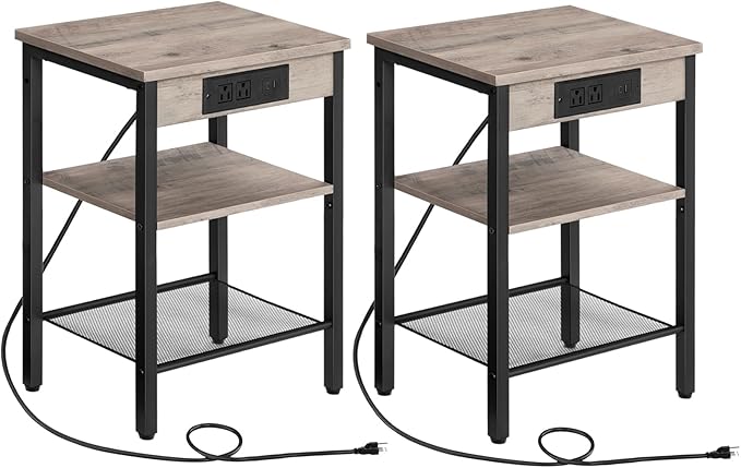 HOOBRO Side Tables Set of 2 with Charging Station and USB Port, Small End Tables for Small Space, 3-Tier Nightstands with Adjustable Shelf, for Living Room, Bedroom, Greige BG112BZP201