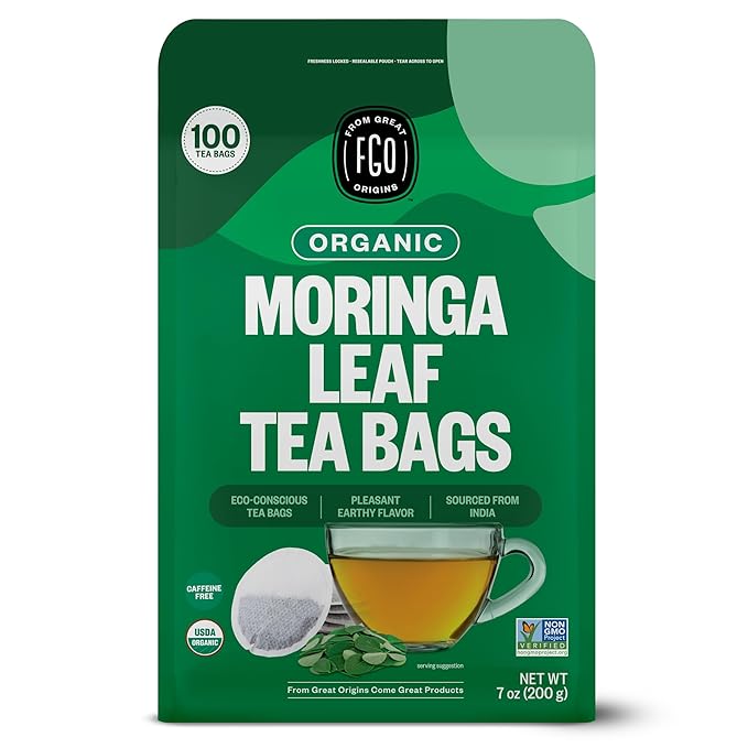 FGO Organic Moringa Mint Tea, 100 Count, Eco-Conscious Herbal Tea Bags, Resealable Bag, Caffeine Free, Packaging May Vary (Pack of 1)