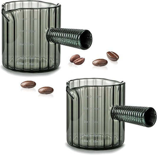 Espresso Cups Set of 2, 4 OZ Glass Double Spouts Cups, Shot Glasses, Milk Cup with Glass Handle for Dishwasher Safe, Espresso Accessories for Machine, Demitasse Cups, Small (Gray)