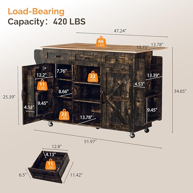 VINGLI Kitchen Island with Storage, 52" Rolling Kitchen Cart with 3 Drawers & Shelves, Drop Leaf Design, Mobile Island with Barn Doors, Towel & Spice Rack for Kitchen & Dining, Black & Gold