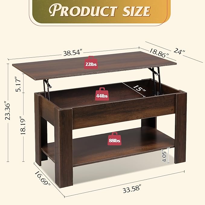 WLIVE Coffee Table, 39" Lift Top Coffee Table with Hidden Compartment, Storage Shelf and Lifting Top for Home Living Room, Office and Reception Room,Espresso
