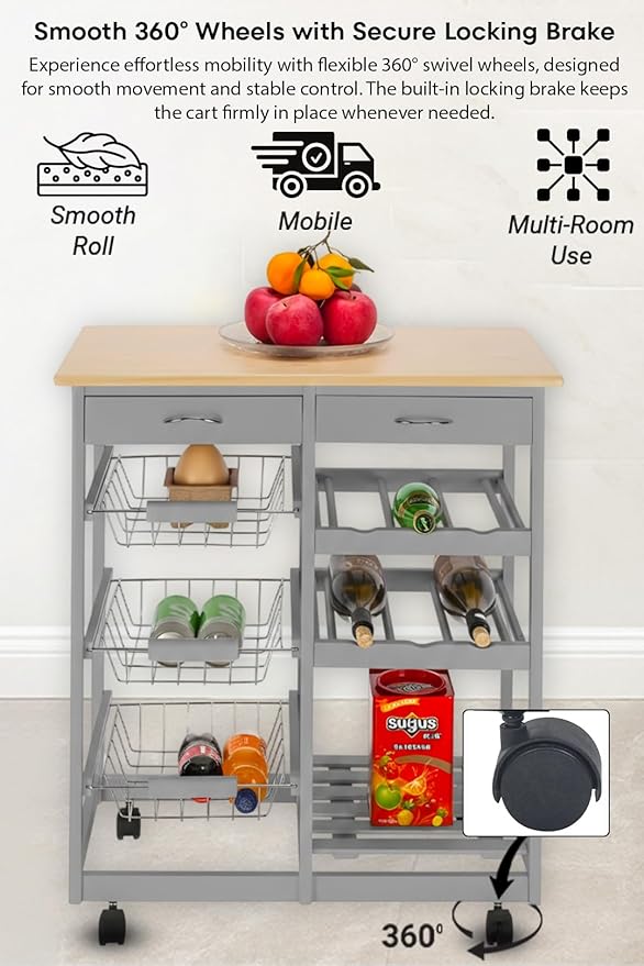 Kitchen Island Cart with Drawers, Lockable Wheels - Rolling Serving Utility Trolley - Mobile Countertop Open Shelf Storage Cabinet Basket for Dining Room, Coffee Bar (Grey)