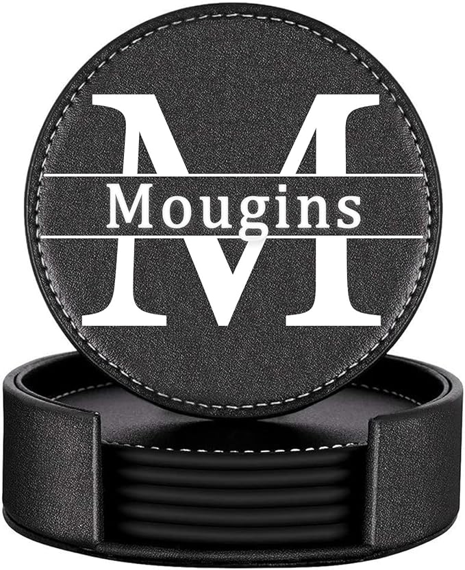 Personalized Coasters, Custom Set of 6 Leather Coaster for Drinks with Holder, DIY Name/Photo/Logo, Non-Slip, Heat Resistant, Waterproof for Coffee Table Bar Beer Wine Cup Housewarming