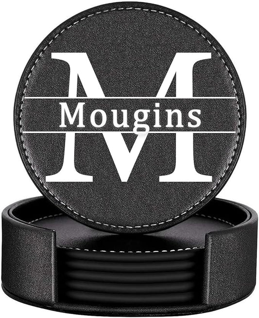 Personalized Coasters, Custom Set of 6 Leather Coaster for Drinks with Holder, DIY Name/Photo/Logo, Non-Slip, Heat Resistant, Waterproof for Coffee Table Bar Beer Wine Cup Housewarming