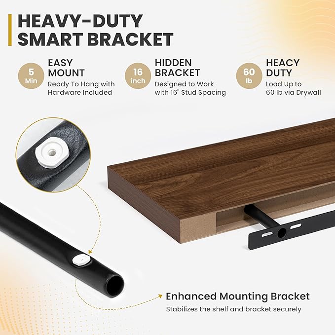72 Inch Floating Shelves, 9.3" Deep Floating Shelf Wall Mounted, 72" Wall Shelves, Rustic Deep Bookshelf, Large Display Shelves & Storage Shelves for Bedroom, Living Room, Walnut, Set of 2