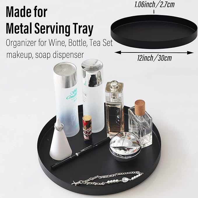 FREELOVE Black Tray, Round Serving Platter, Bar Circle Decorative Plate, Coffee Table Metal Decor Dishes, Brushed Hammered Coasters, Counter Bathroom Kitchen Dessert Cart Display Food, 12 inch