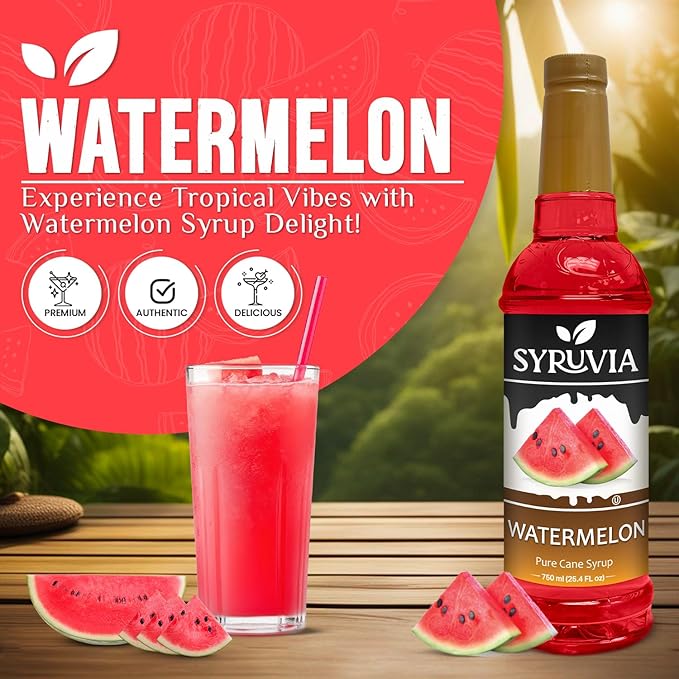 Syruvia Watermelon Syrup, Flavored Syrup for Drinks, Cocktails, Lemonades, Iced Teas, and Desserts – 25.4 fl oz