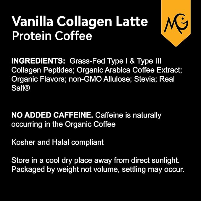 MariGold High Protein Collagen Coffee - Vanilla Collagen Latte, Dairy Free, 20g Grass-Fed Type I & III Collagen Peptides, Energy Boost, 2 Shots Organic Espresso, Non-GMO, 1 Lb Bag, 15 Servings