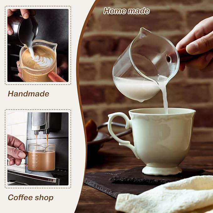 Zubebe 2 Pack 150 Ml/ 5 oz Double Spouts Espresso Shot Glasses with Wood Handle Measuring Triple Pitcher Milk Cup Clear Espresso Measuring Cup Glass for Barista Coffee Measure