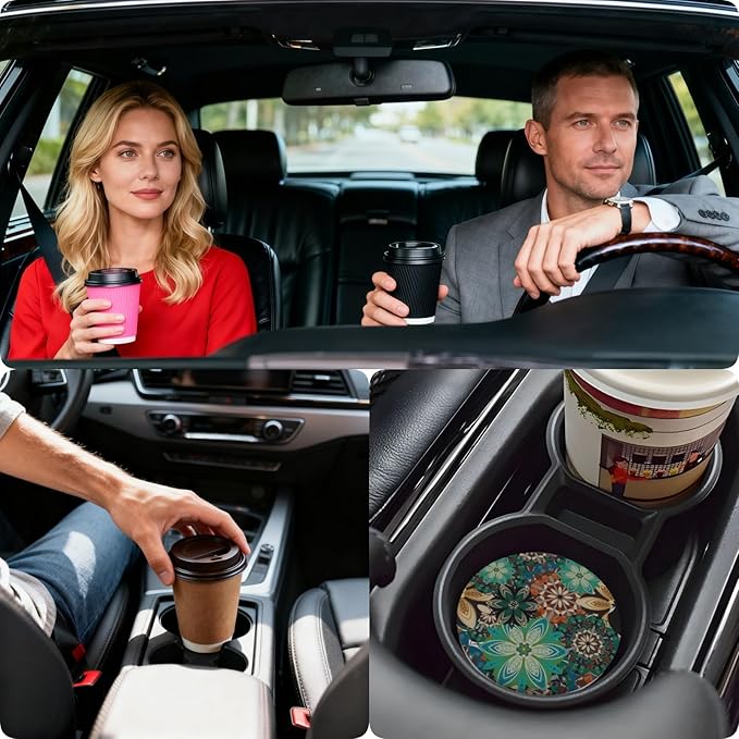 Car Cup Holder Coasters, 2 Pcs Ceramic Coasters with Finger Slot and Cork Back, Anti-Slip Shock Absorbing Women and Men Universal Car Accessories - Vintage Flower