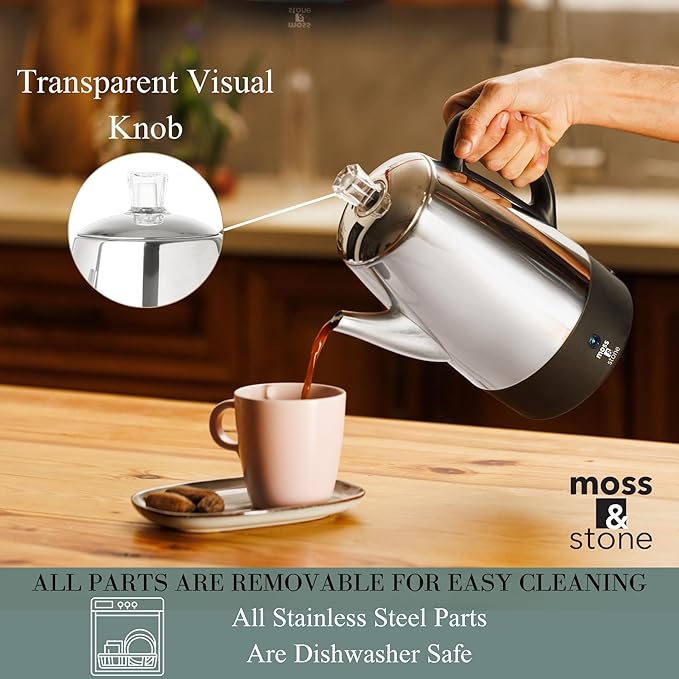 Moss & Stone Percolator Coffee Pot Electric 10 Cup, Stainless Steel Coffee Maker. With Keep Warm Function, 10 Cups Stainless Steel Percolator With Coffee Basket