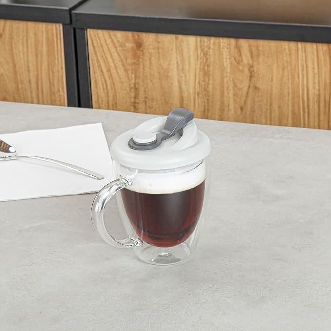Restaurantware - Forma Professional 11.8 Ounce Insulated Travel Mug With Handle, 1 Double Wall Coffee Mug - Includes Lid, Reusable, Clear Borosilicate Glass Tumbler, Dishwashable, Microwavable