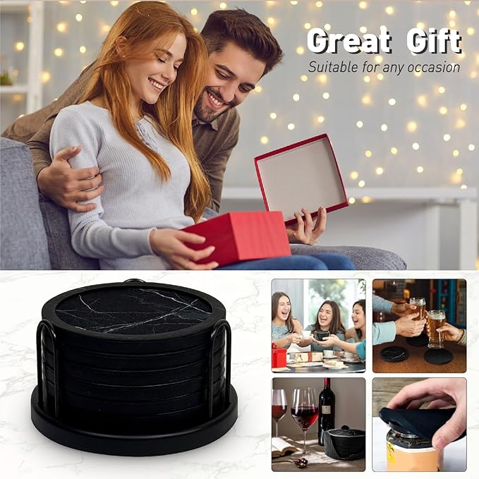 Set of 6 Non-Slip Silicone Coasters with Holder, Double-Sided Absorbent for Hot/Cold Drinks, Scratch & Water Ring Protection for Wood Tables, Home Office Bar, Black Gold Marble (Black White Pattern)