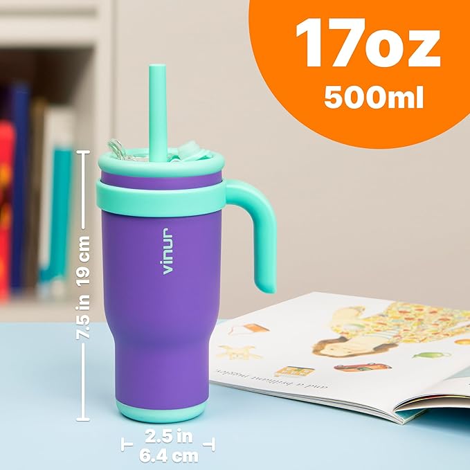 VINUR Kids Insulated Tumbler with Lid and Straw 17 oz-Spill Proof& Leak Resistant-Stainless Steel Vacuum Tumbler Travel Mug with Handle & Silicone Base-Cup Holder Friendly, Purple