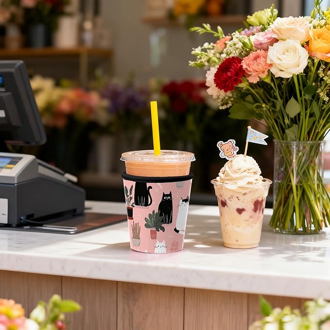 Fits 16oz 24oz 30oz Cups Cute Cat Print Iced Coffee Sleeve Set of 3 Insulated Reusable Coffee Sleeve for Cat Lovers