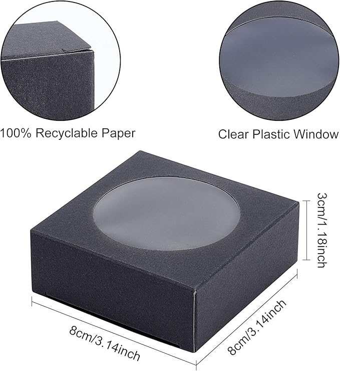 BENECREAT 24 Pack Kraft Paper Boxes with Clear Window 3x3x1.2 Black Kraft Gift Packaging Boxes for Bakery Cookies Cake Candy Wedding Party, Festival Gift Packaging