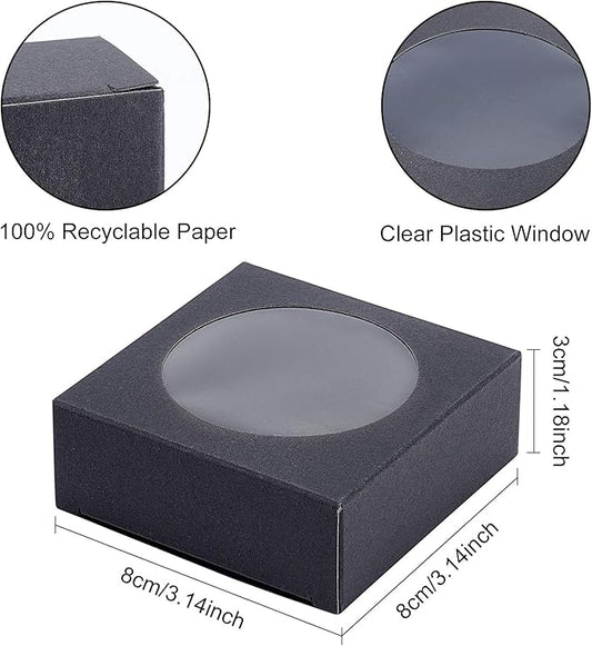 BENECREAT 24 Pack Kraft Paper Boxes with Clear Window 3x3x1.2 Black Kraft Gift Packaging Boxes for Bakery Cookies Cake Candy Wedding Party, Festival Gift Packaging