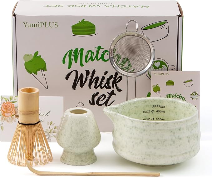 5pcs Premium Matcha Set,Ceramic Bowl with Spout and Bamboo Whisk set, Ceremonical Matcha Kit for breakfast/latte,Tea Starter Making Kit,Unique Matcha Gift set (green)