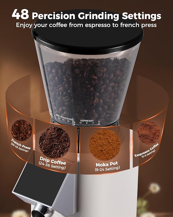 Tuni G1 Conical Burr Coffee Grinder, 48 Grind Settings Anti-static Burr Mill, Precision Electronic Timer and LED Touchscreen for Espresso/Drip/Cold Brew/French Press, Stainless Steel, Ivory