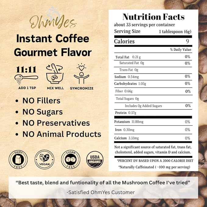 OhmYes Mocha Mushroom Coffee with Pure Cacao | Organic 11 Mushroom Adaptogen Blend (Lions Mane, Reishi, Chaga, Cordyceps) | Premium Chocolate Dark Roast Instant Coffee | Unsweetened | 7oz