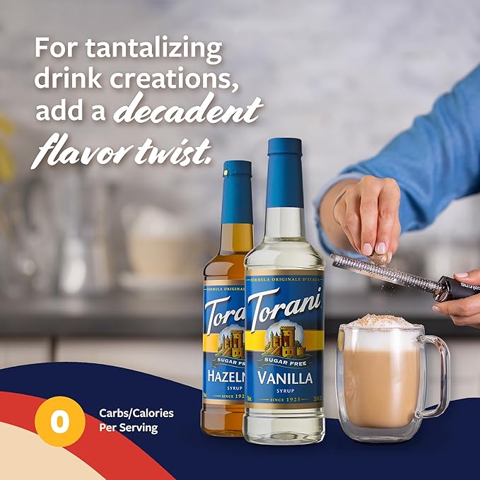 Torani Sugar Free Hazelnut Syrup and Sugar Free Vanilla Syrup Variety 2-Pack, Coffee Syrups for Drinks, Pumps Included, 25.4 Fl Oz Ea
