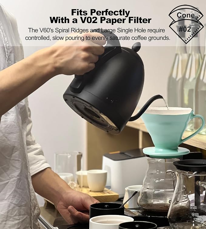 Pour Over Coffee Dripper - Ceramic Cup, Pour Over Coffee Maker Cone, Porcelain Cone, Easy Manual Brew Maker - Strong Flavor Brewer for Home, Cafe, Office - 1-4Cup, V60 Size 02 (Lake Green)