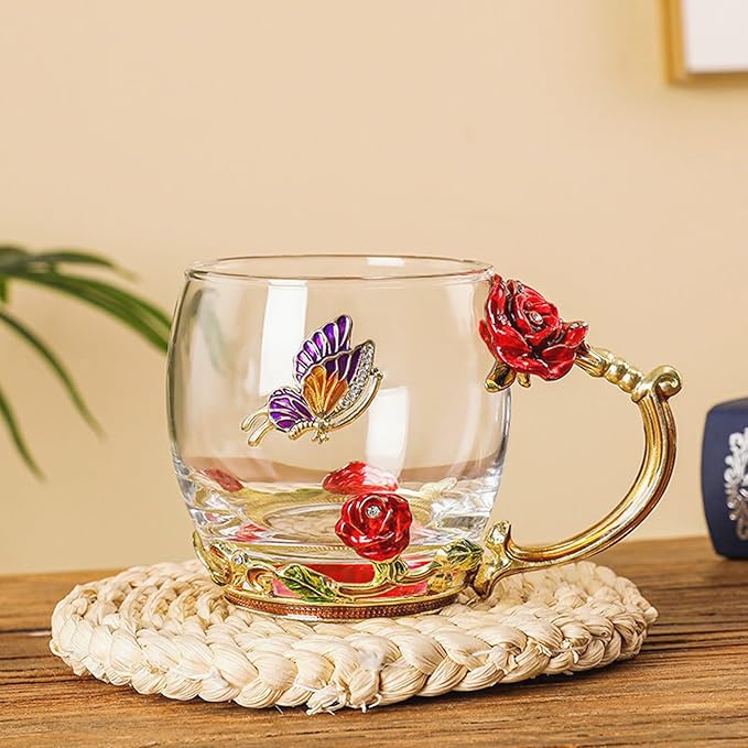 Glass Fancy Tea Cup Set Birthday Christmas Valentine's Day Gift Idea for Tea Lover and Women Novelty Coffee Mugs Rose Flower Enamel Glass Mug with Spoon