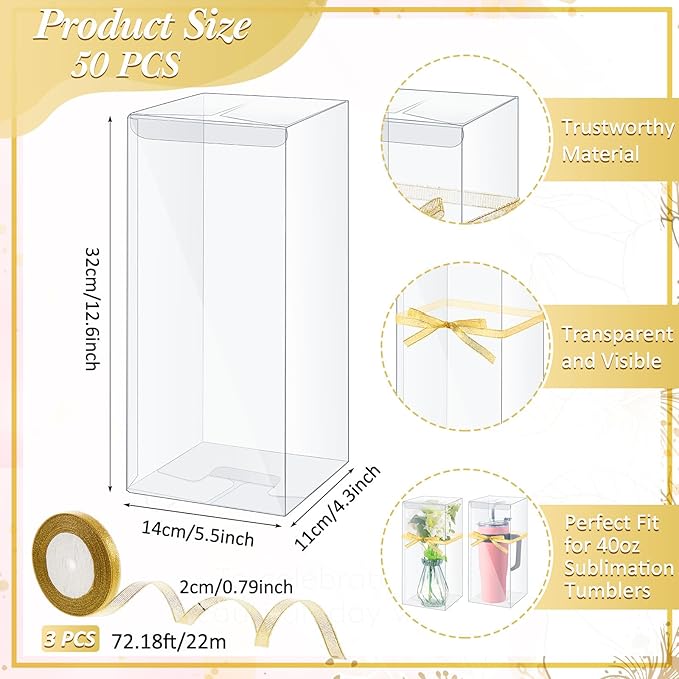 50 Pcs Mug Gift Boxes Clear Tumblers Packaging Box with Ribbon for Sublimation Tumblers Compatible with Stanley 11oz 12oz 15oz 20oz 30oz 40oz(12.6 x 5.5 x 4.3 Inch)