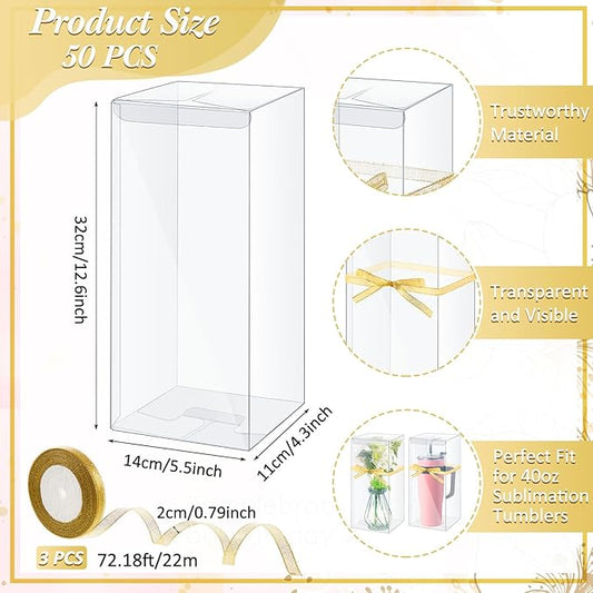 50 Pcs Mug Gift Boxes Clear Tumblers Packaging Box with Ribbon for Sublimation Tumblers Compatible with Stanley 11oz 12oz 15oz 20oz 30oz 40oz(12.6 x 5.5 x 4.3 Inch)
