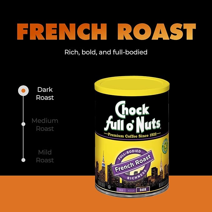 Chock Full o' Nuts French Roast Ground Coffee, Medium-Dark Roast - 100% Premium Coffee Beans – Full-boded, Rich, Bold Medium-Dark Blend with Distinct Parisian Flavor, 10.3 Oz