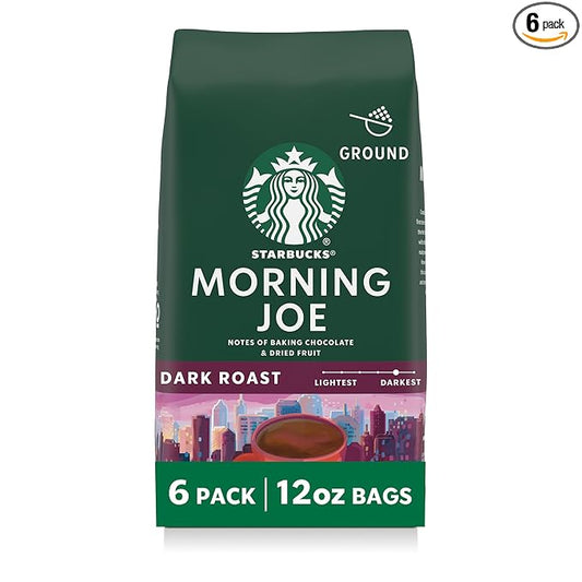 Starbucks Ground Coffee, Dark Roast Hot or Iced Coffee, Morning Joe, Six 12 oz Bags