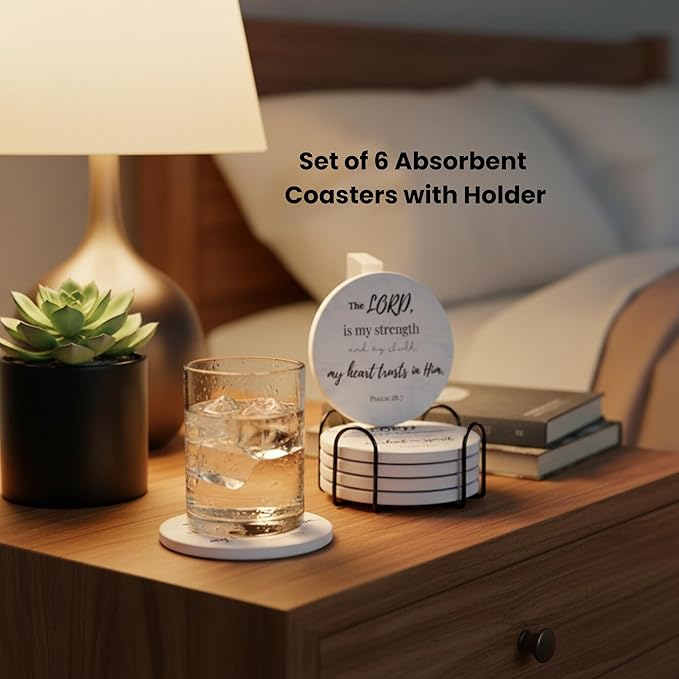 Christian Coasters Set of 6 with Holder– Ceramic Absorbent Drink Coasters for Coffee Table Desk, Modern Cute Moisture Absorbing Coasters, Christian Gifts Alternative to Cork, Silicone or Glass Coaster