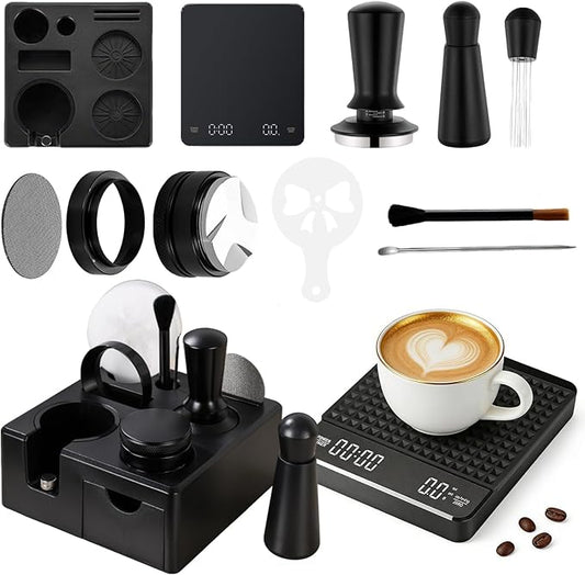 10 PCS Espresso Accessories Kit - 51mm Espresso Tools Set with WDT Tool, Espresso Tamper, Tamping Station, Coffee Distributor, Dosing Funnel, Puck Screen, Latte Art Pen,Stencils & Coffee Scale