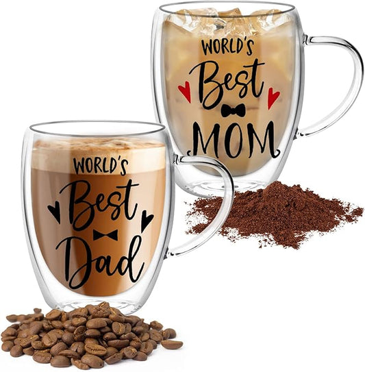 350ml Double Wall Glass Coffee Mugs Set, Clear Insulated Glass Mugs for Hot Beverages, Suitable for Tea, Latte, Espresso, Cappuccino (12 oz Dad Mom)