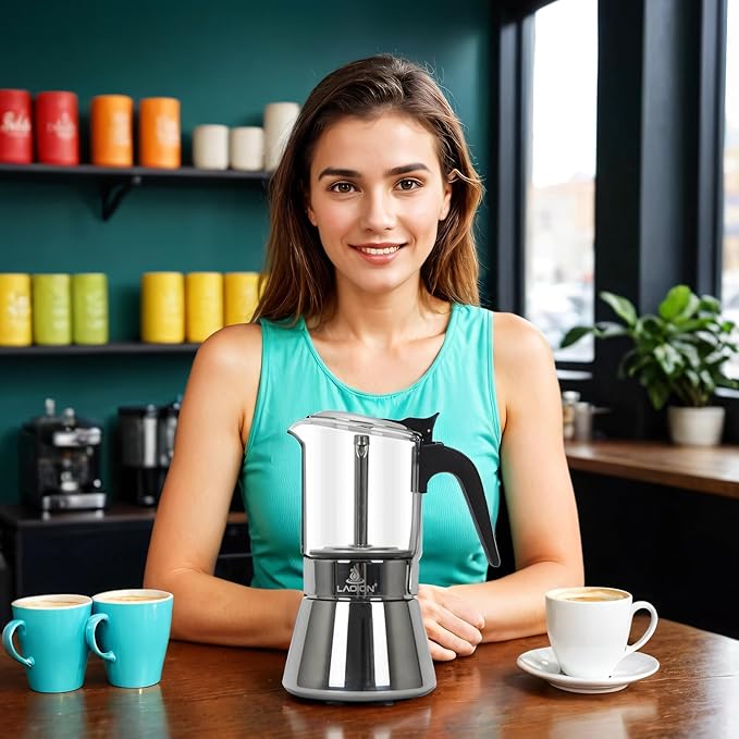 LAOION Stovetop Espresso Maker, 6Cup 240ml Classic Moka Pot, Crystal Glass-top & Stainless Steel Coffee Maker Mocha Pot, Greca De Cafe, Cuban and Italian Coffee Maker for Cafetera Cubana